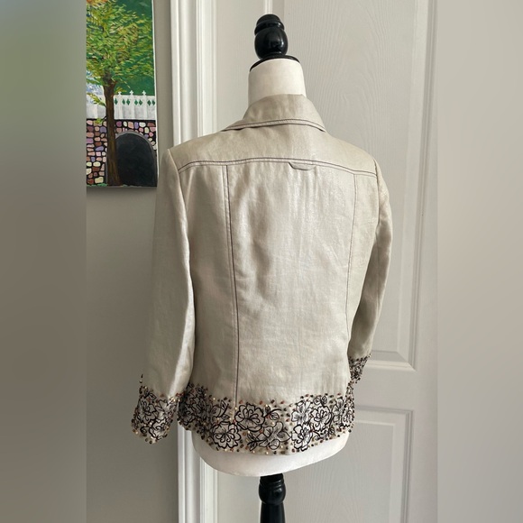 💯% Linen Silver Thread Embroidered Wood Beaded Blazer - 10 - Picture 9 of 13
